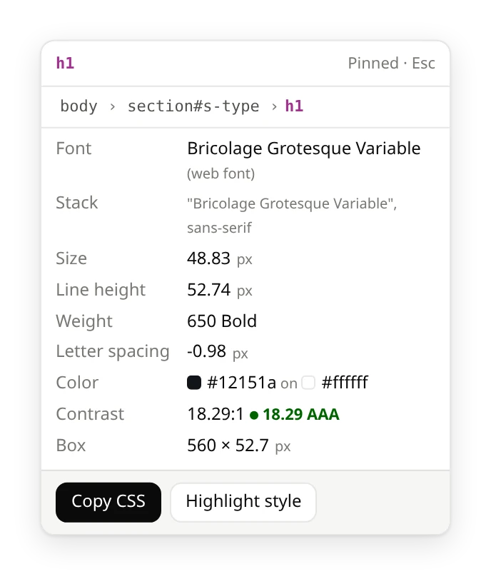 Details card for a 48.83px headline in Bricolage Grotesque: size, line height, weight, letter spacing, color and contrast