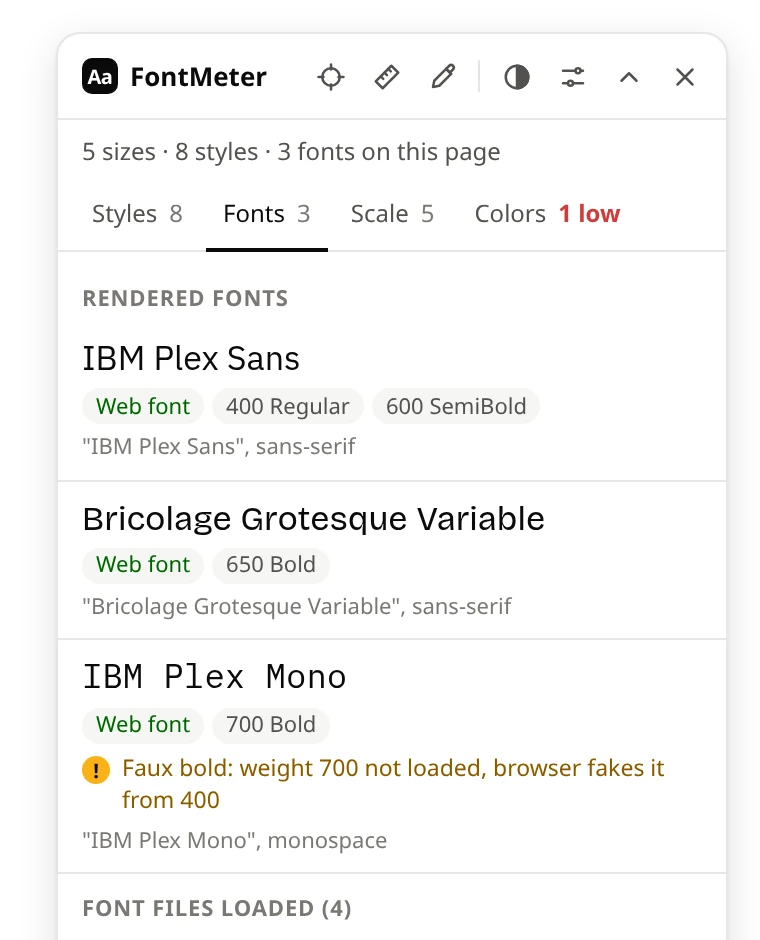 Fonts tab: three web fonts with their weights and a faux bold warning