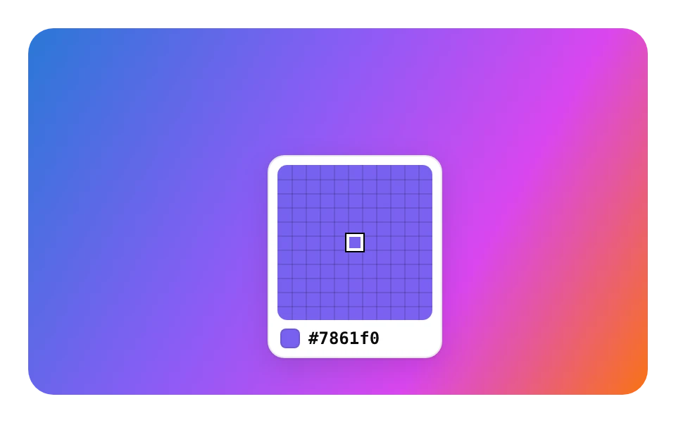 Color picker loupe over a blue to orange gradient, reading a violet