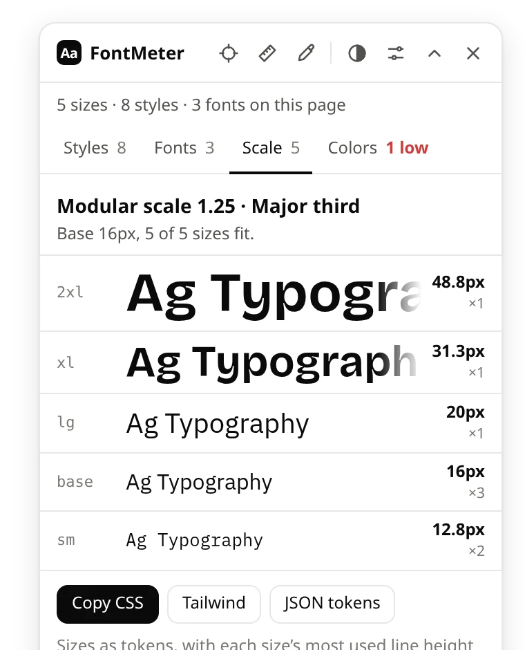 Scale tab: modular scale 1.25, Major third, with sizes from 12.8 to 48.8px as tokens